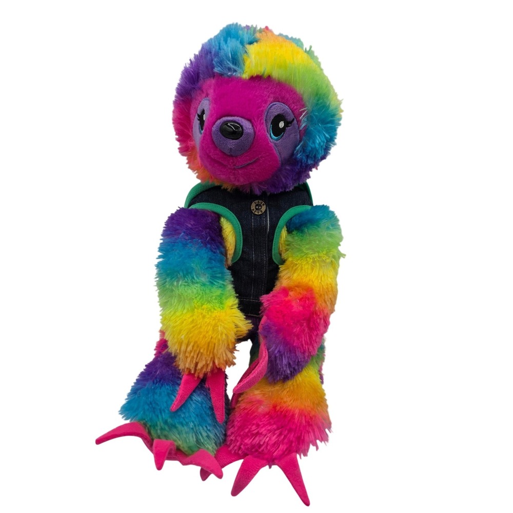 Build a Bear Workshop Rainbow Sloth Plush Stuffed Animal Denim Vest Hoodie /RR